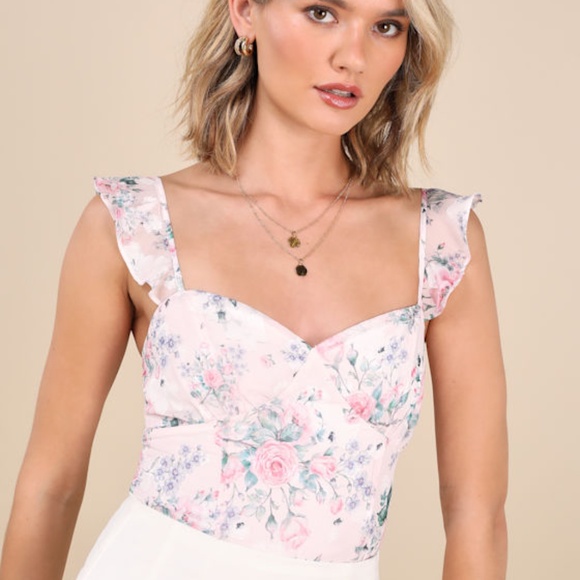 Lulus Tops - Lulus Niella Blush Floral Ruffled Bodysuit Pink - Size M